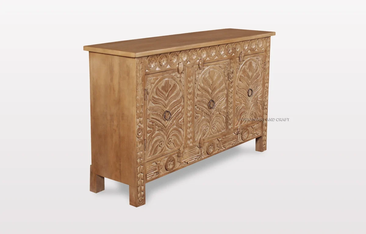 Wooden Carving Sideboard 3 Door Hand carving work Natural wood Finish - Image 2