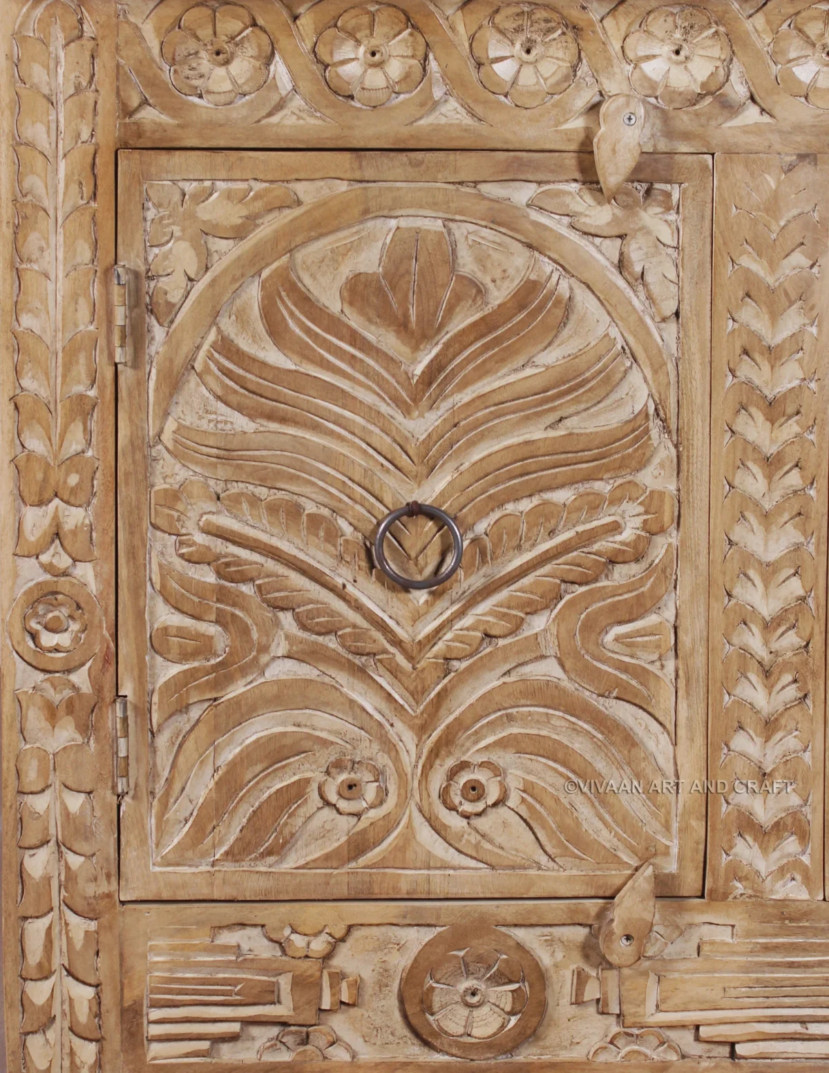 Wooden Carving Sideboard 3 Door Hand carving work Natural wood Finish - Image 3