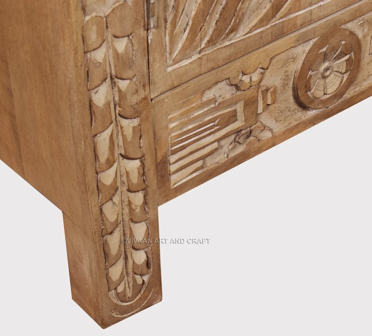 Wooden Carving Sideboard 3 Door Hand carving work Natural wood Finish - Image 6