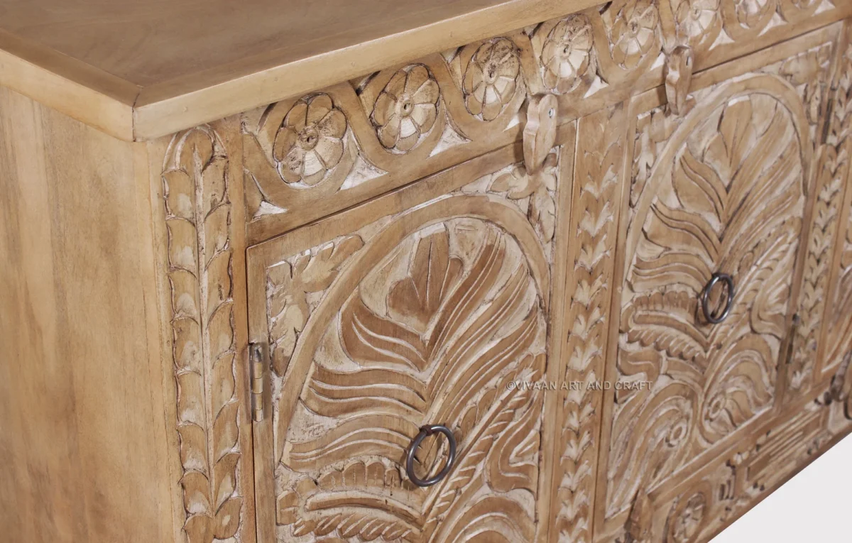 Wooden Carving Sideboard 3 Door Hand carving work Natural wood Finish - Image 5
