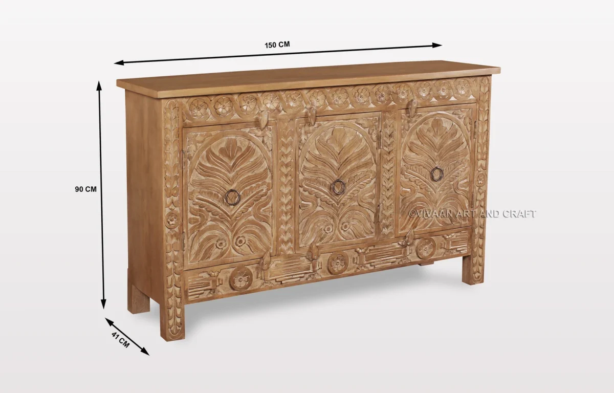 Wooden Carving Sideboard 3 Door Hand carving work Natural wood Finish - Image 4