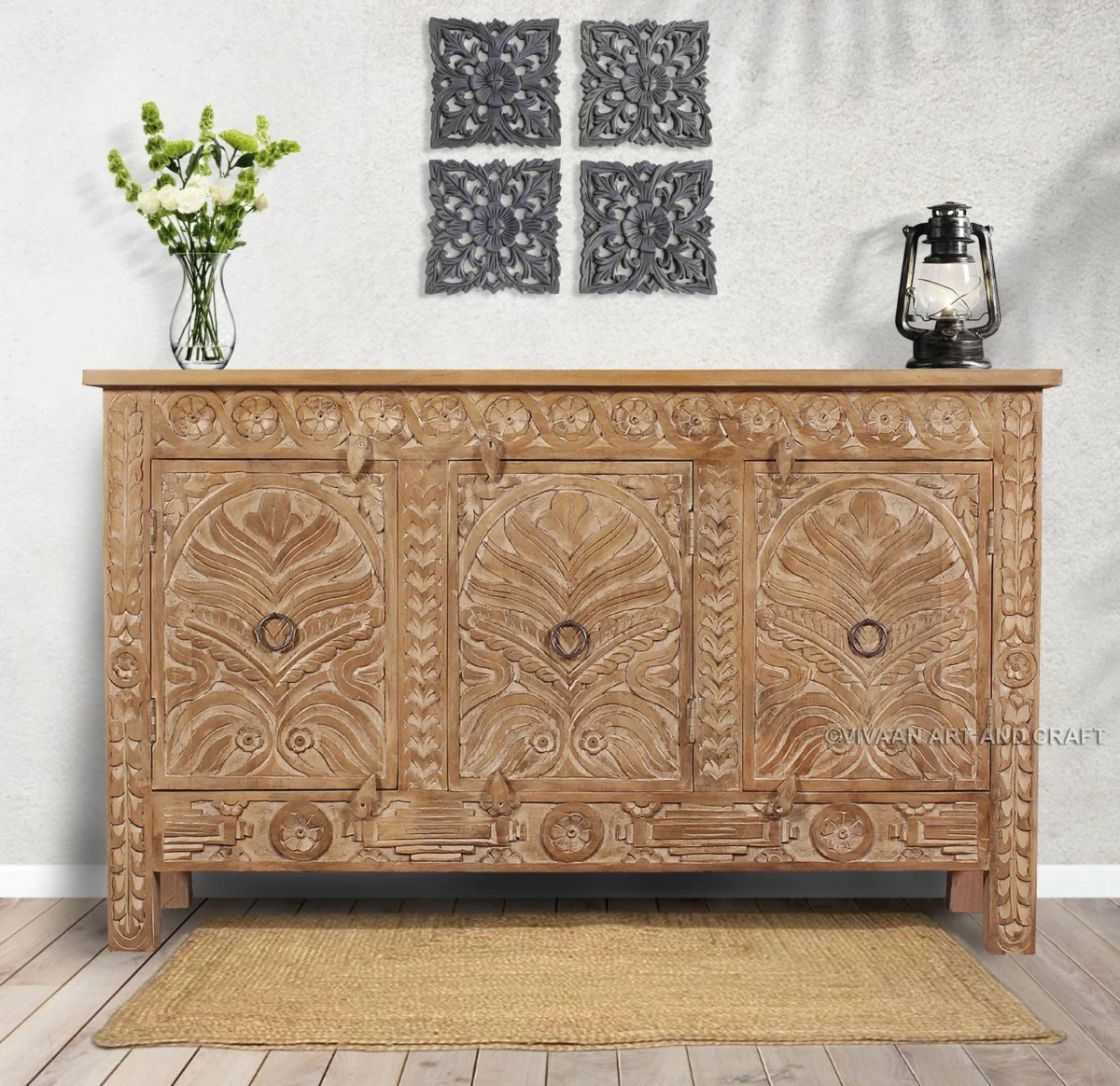 Wooden Carving Sideboard 3 Door Hand carving work Natural wood Finish
