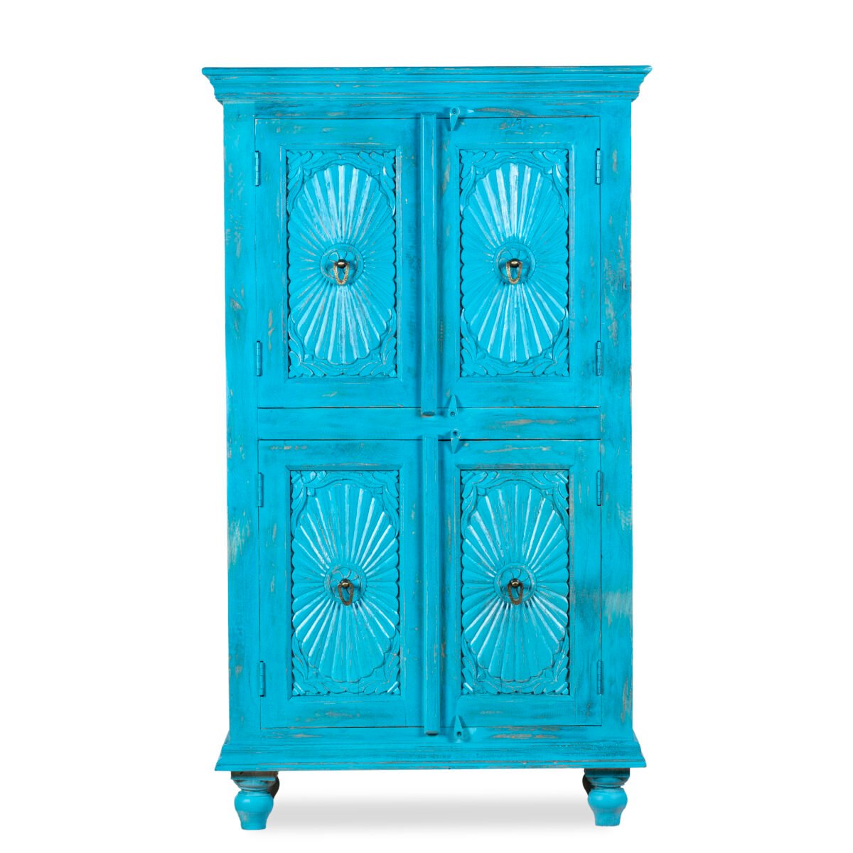 New Turquoise Carved Mango Wood Almirah / Wardrobe - Image 2
