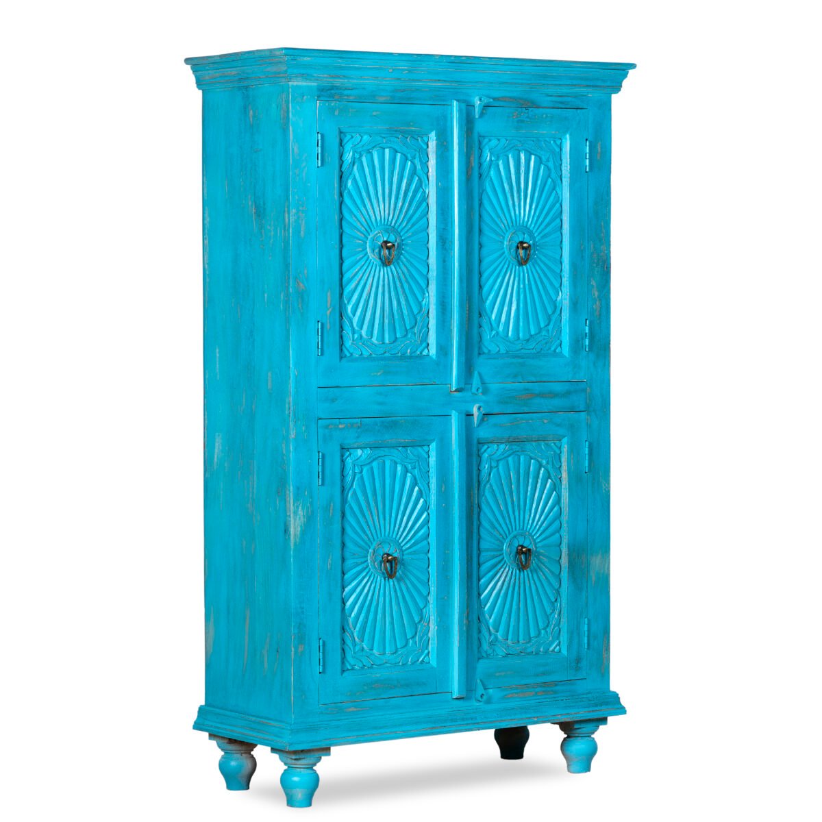 New Turquoise Carved Mango Wood Almirah / Wardrobe