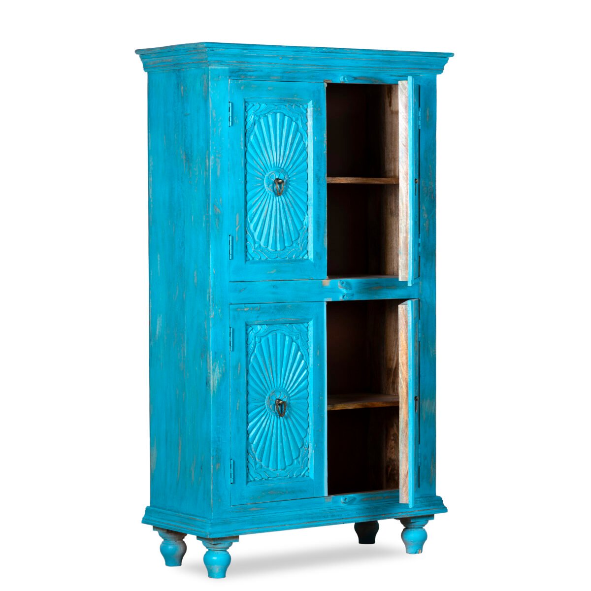 New Turquoise Carved Mango Wood Almirah / Wardrobe - Image 3