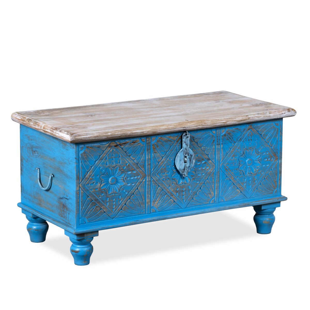 Sky Blue Carved Wooden Lift-Top Coffee Table with Storage - Image 4