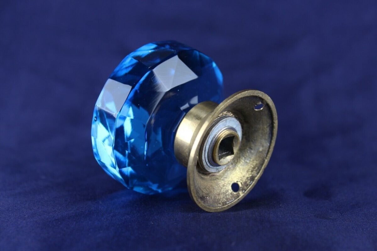 Cut Glass Door Knob Vintage Victorian Clear Blue Glass Brass Door Handle - Image 6