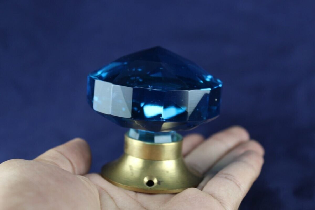 Cut Glass Door Knob Vintage Victorian Clear Blue Glass Brass Door Handle - Image 8