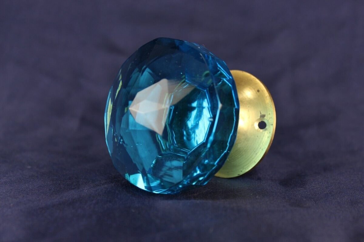 Cut Glass Door Knob Vintage Victorian Clear Blue Glass Brass Door Handle - Image 5