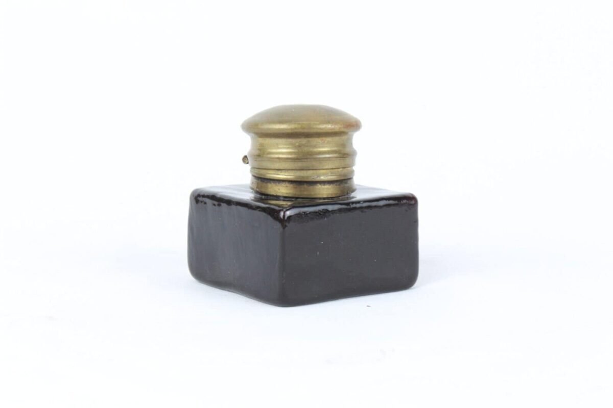 Vintage Victorian Style Thick Black Glass Inkpot with Rare Cap Fitted Inkwell
