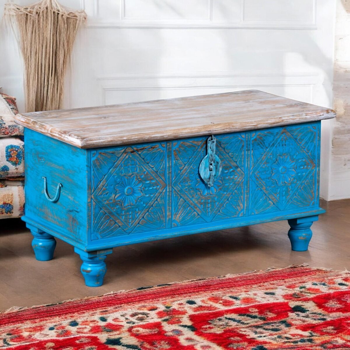 Sky Blue Carved Wooden Lift-Top Coffee Table with Storage