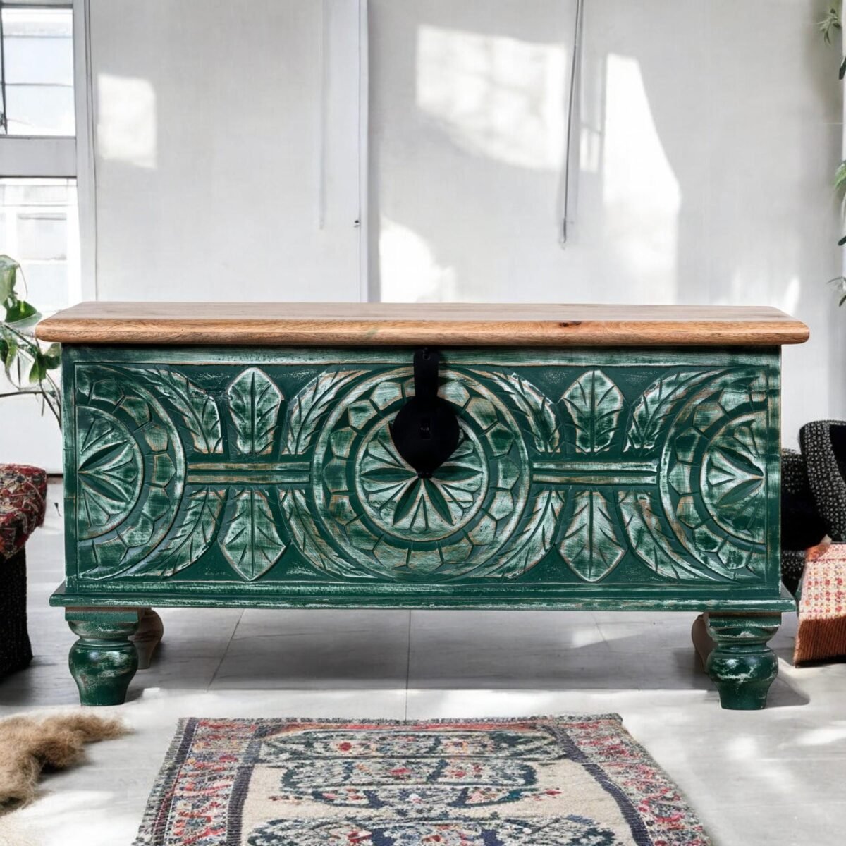 Wooden Carving Coffee Table/ Lifting Top Coffee Table/Coffee Table Storage/Small Coffee Table/Storage Trunk/rustic coffee table - Dark Green