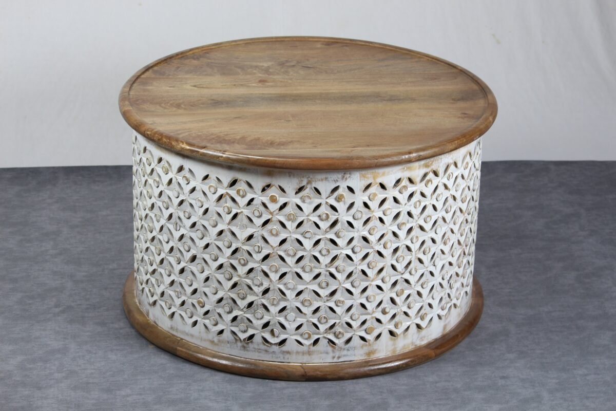 Wooden Carved Round Storage Coffee Table - Image 3
