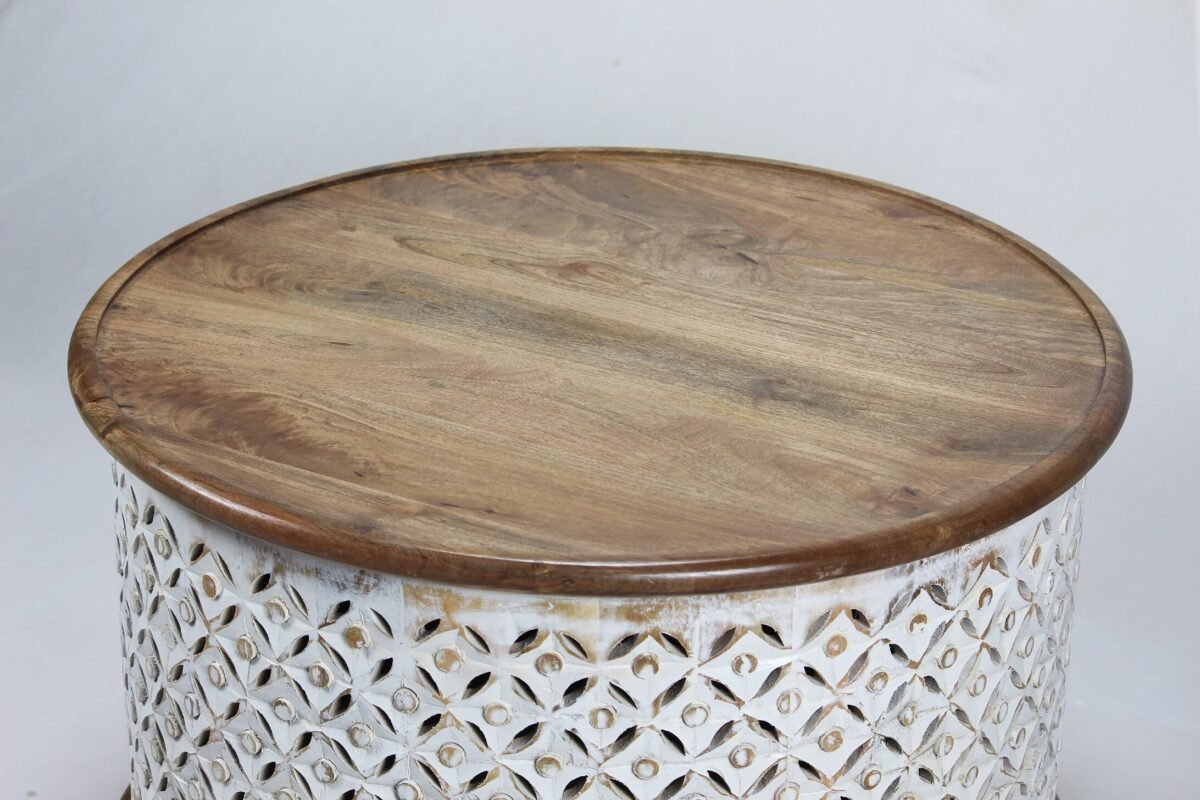 Wooden Carved Round Storage Coffee Table - Image 5