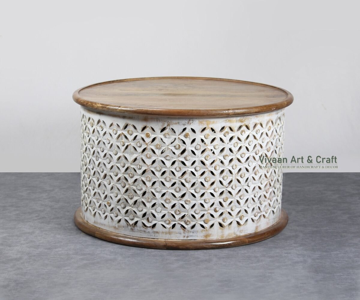 Wooden Carved Round Storage Coffee Table - Image 4