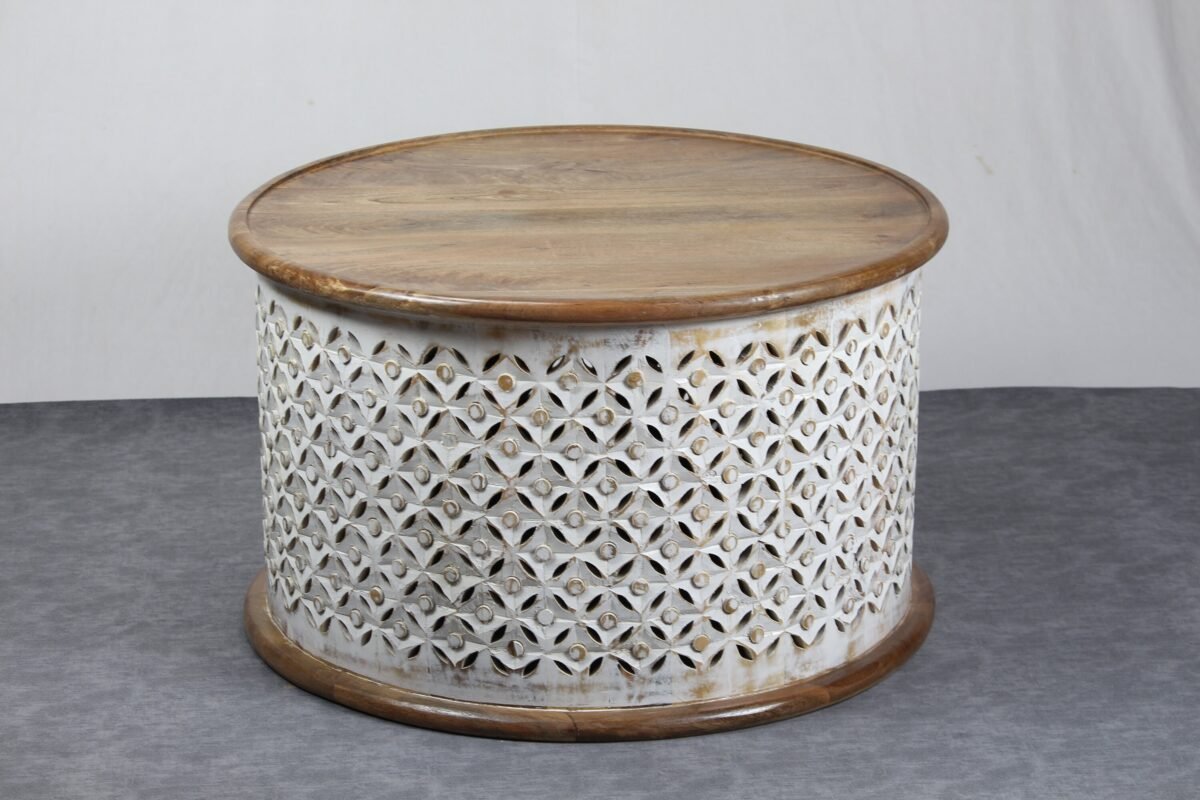 Wooden Carved Round Storage Coffee Table - Image 9