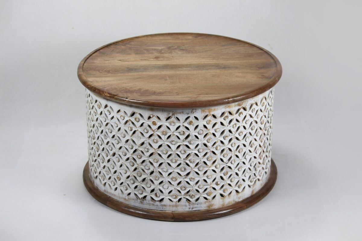 Wooden Carved Round Storage Coffee Table - Image 7