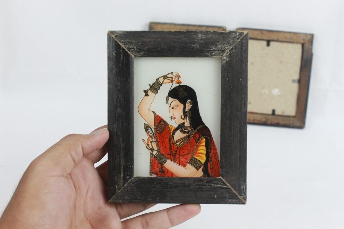 Vintage Indian Lady Portrait Reverse Glass Painting Frames (Set of 3) - Image 3