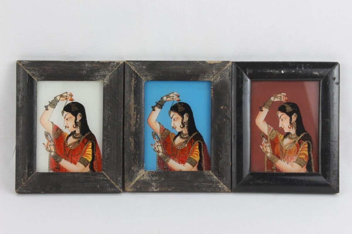 Vintage Indian Lady Portrait Reverse Glass Painting Frames (Set of 3) - Image 9