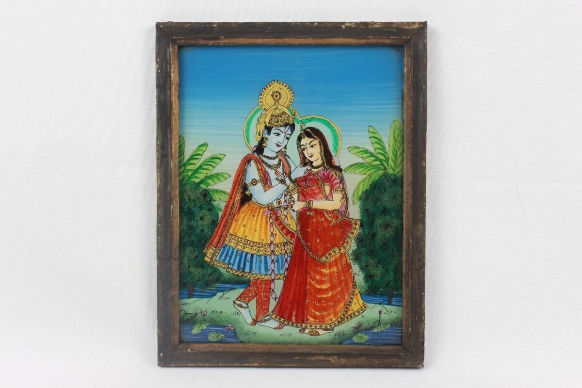 Miniature Radha Krishna Glass Art - Vintage Wood Frame