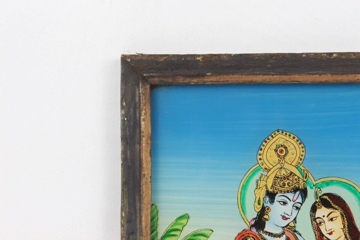 Miniature Radha Krishna Glass Art - Vintage Wood Frame - Image 2