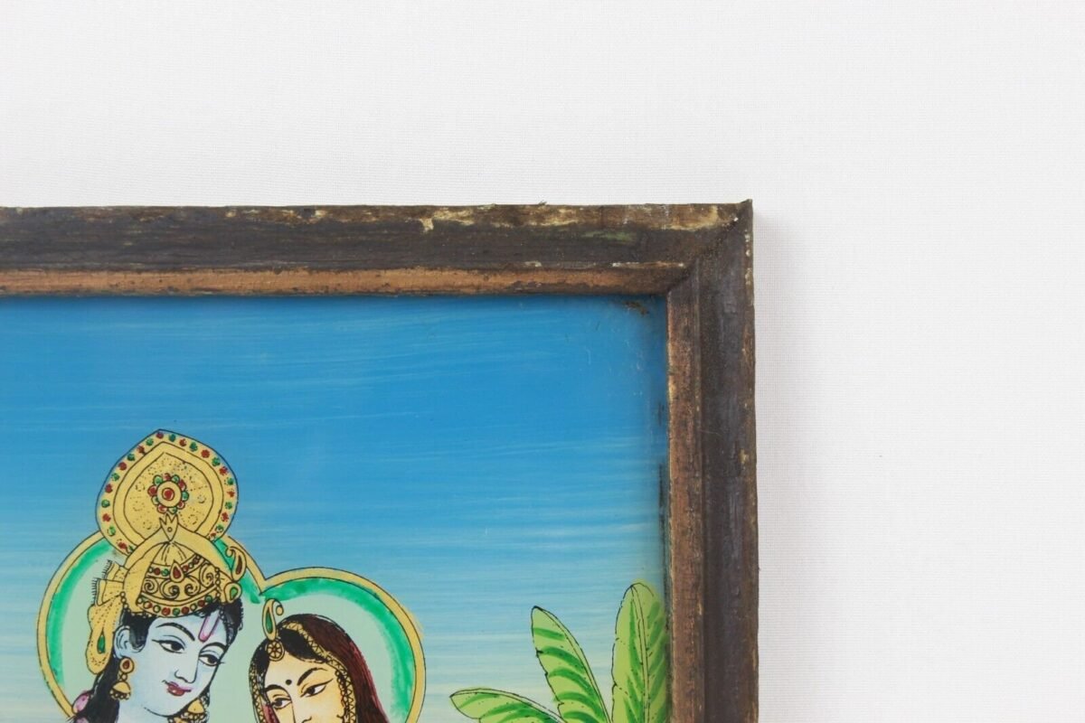 Miniature Radha Krishna Glass Art - Vintage Wood Frame - Image 3
