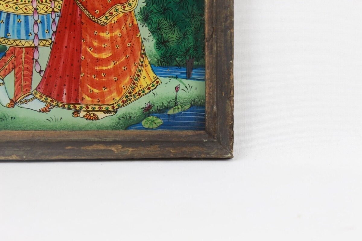 Miniature Radha Krishna Glass Art - Vintage Wood Frame - Image 4