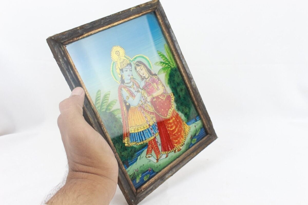 Miniature Radha Krishna Glass Art - Vintage Wood Frame - Image 8