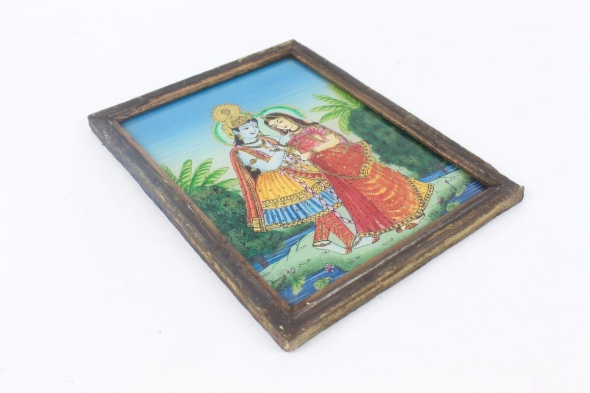Miniature Radha Krishna Glass Art - Vintage Wood Frame - Image 10