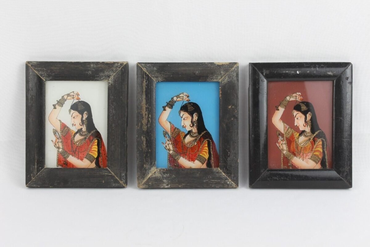 Vintage Indian Lady Portrait Reverse Glass Painting Frames (Set of 3)
