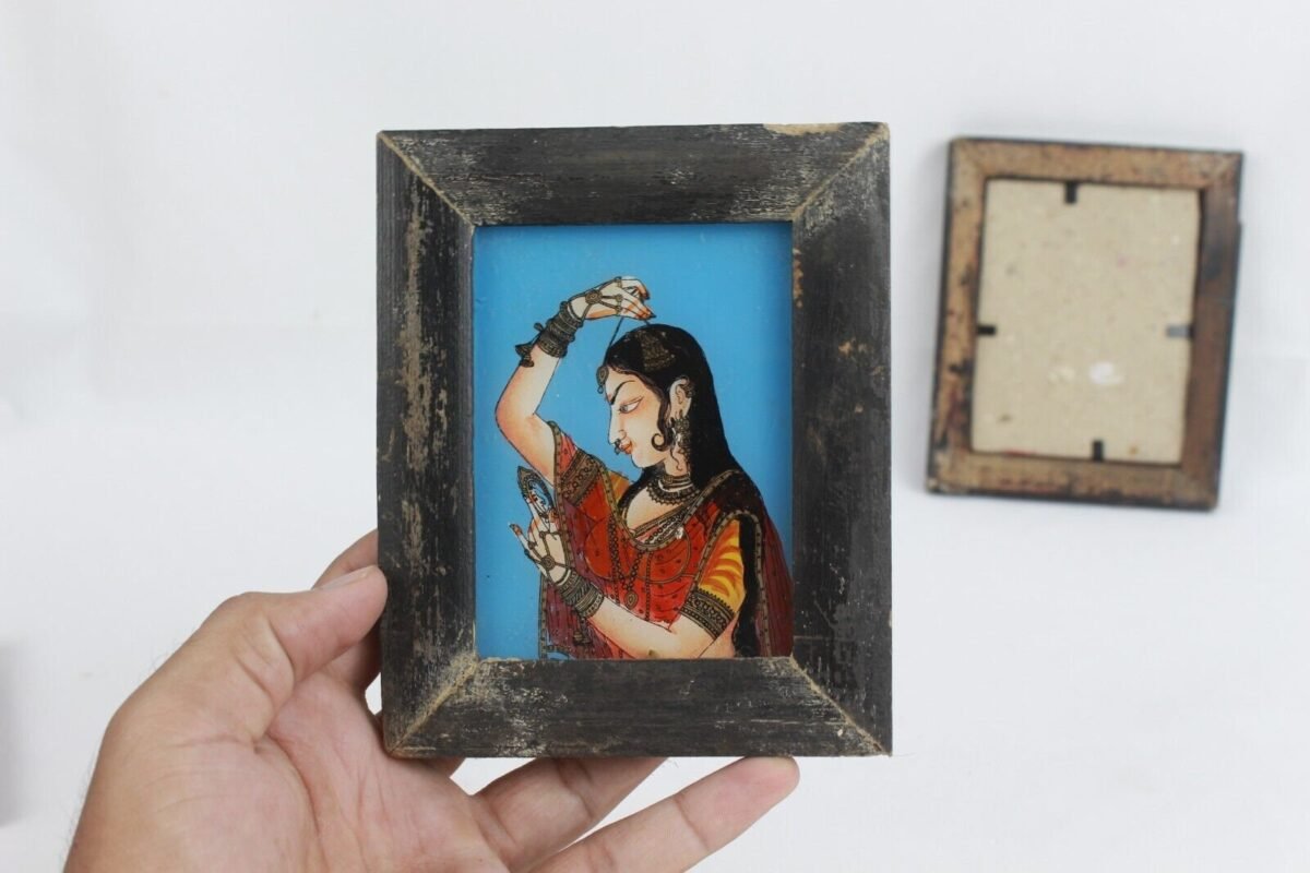 Vintage Indian Lady Portrait Reverse Glass Painting Frames (Set of 3) - Image 4
