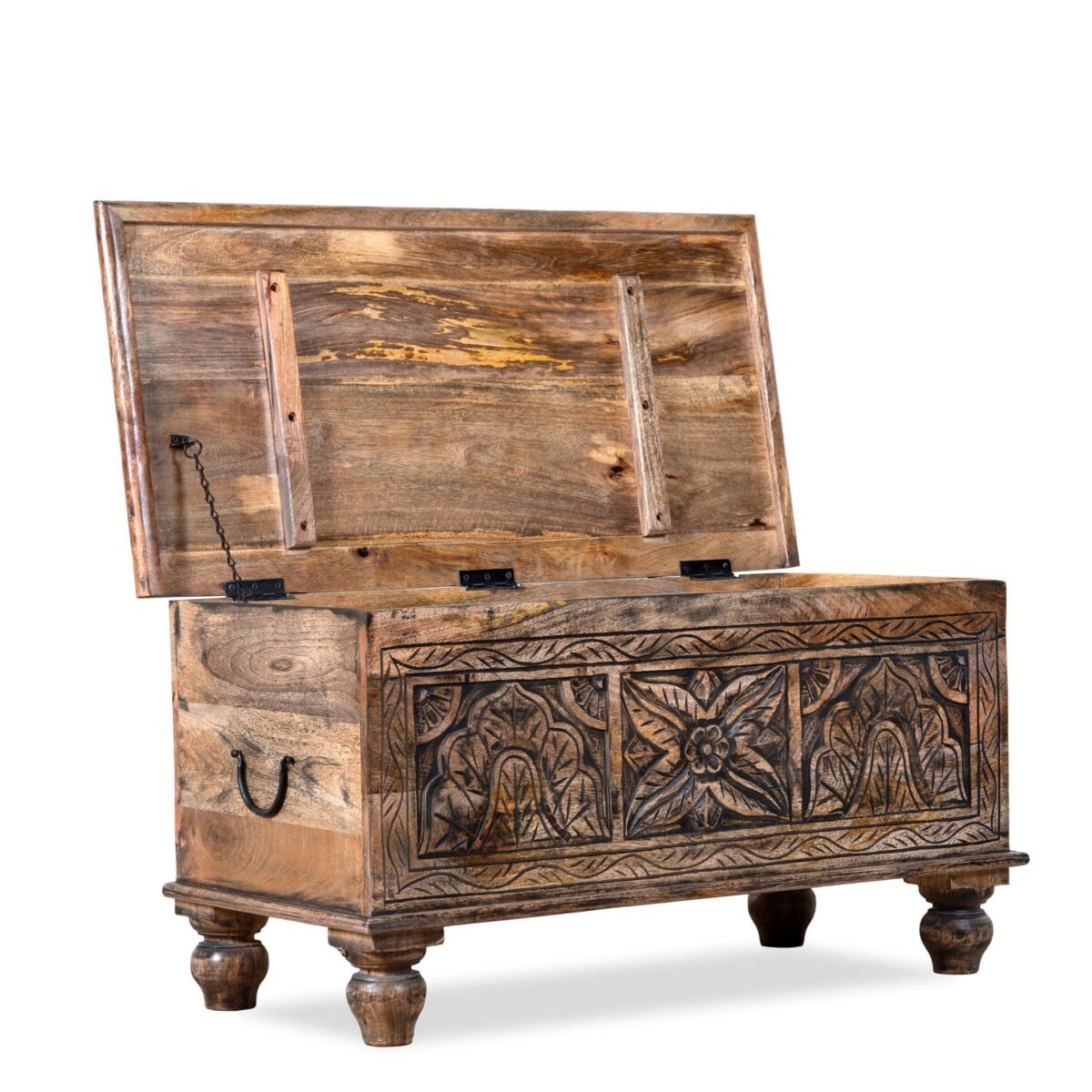 Lifting Top Wooden Coffee Table with Storage - Rustic Carved Design - Image 6
