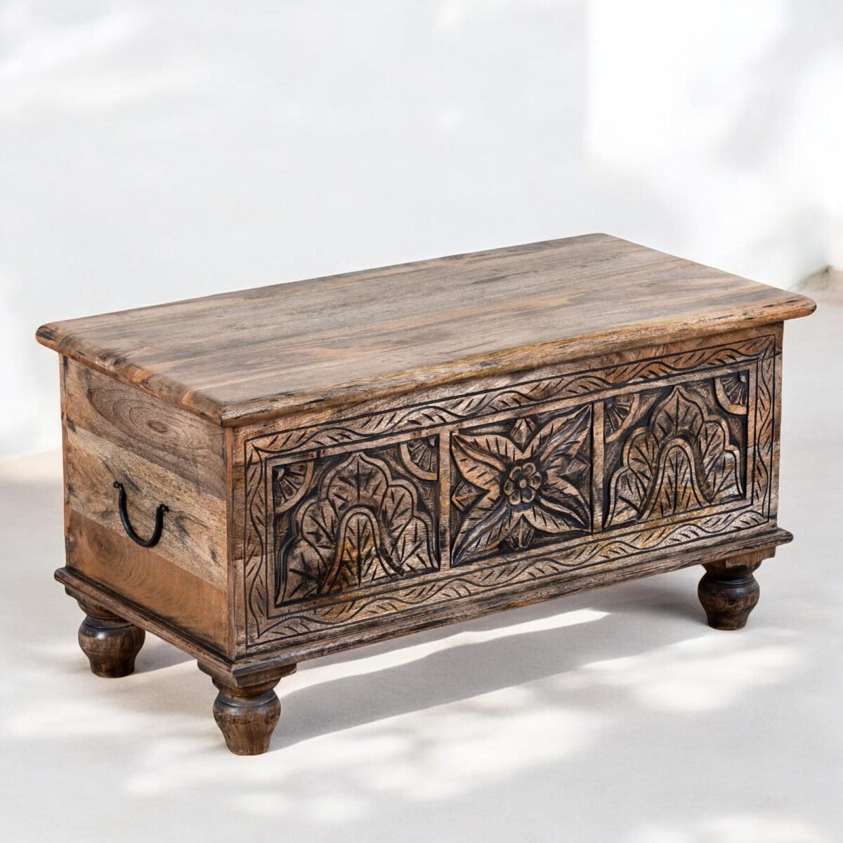 Lifting Top Wooden Coffee Table with Storage - Rustic Carved Design
