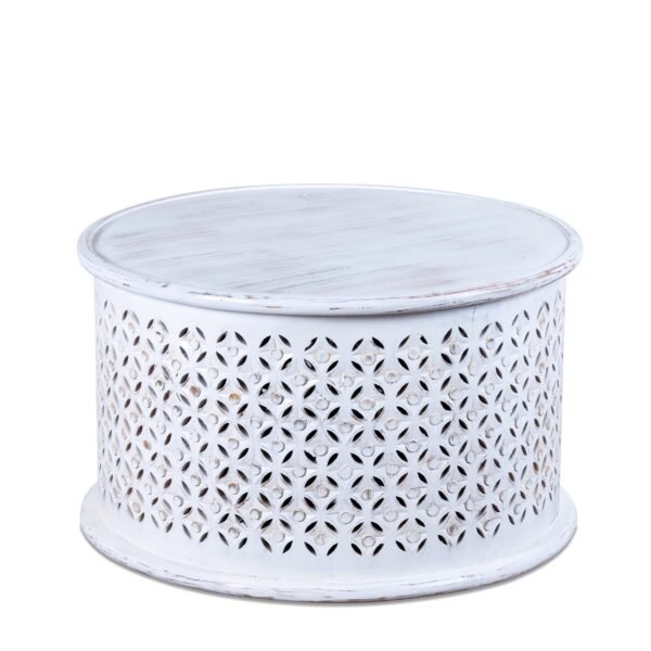 Distressed White Wood Carved Coffee Table