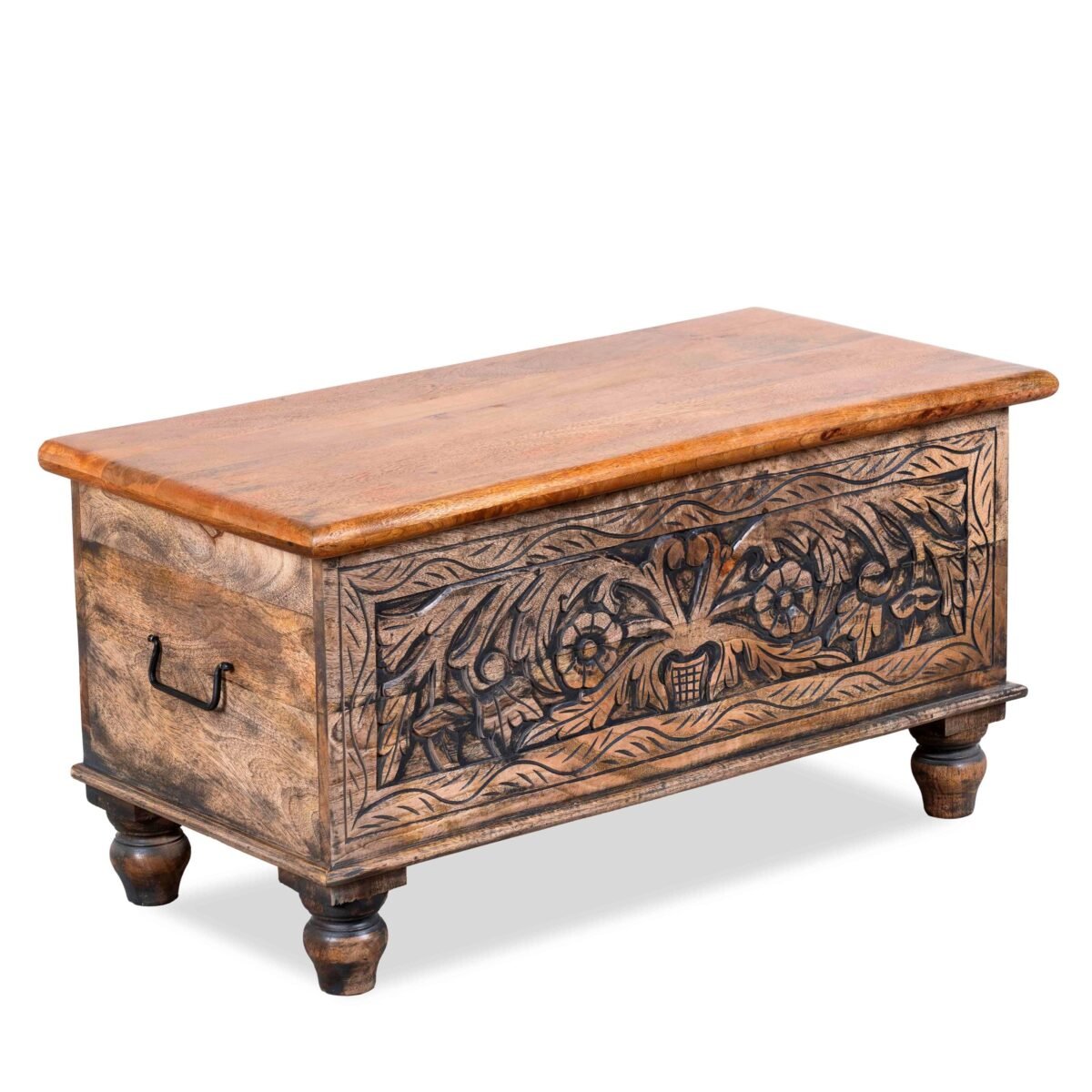 Hand Carved Wooden Chest Coffee Table - Solid Wood Storage Trunk - Rustic Boho Home Decor - Unique Living Room Furniture