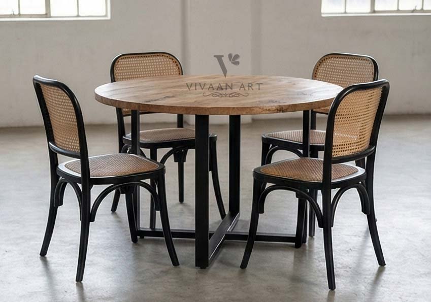 Round Solid Wood Dining Table with Metal Base | Modern Café Style 4-Seater