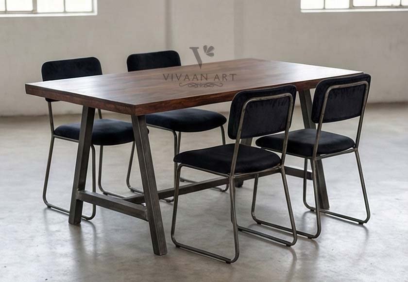 Solid Wood Dining Table with Metal A-Frame Base | Modern Industrial 6-Seater