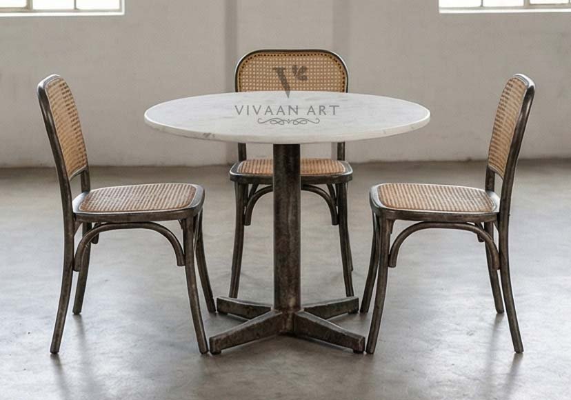 Round Marble Top Dining Table with Metal Pedestal Base | Modern Café Style 2–3 Seater