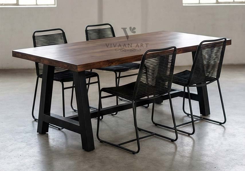 Solid Wood Dining Table with Metal A-Frame Base | Modern Industrial 6-Seater Dining Set