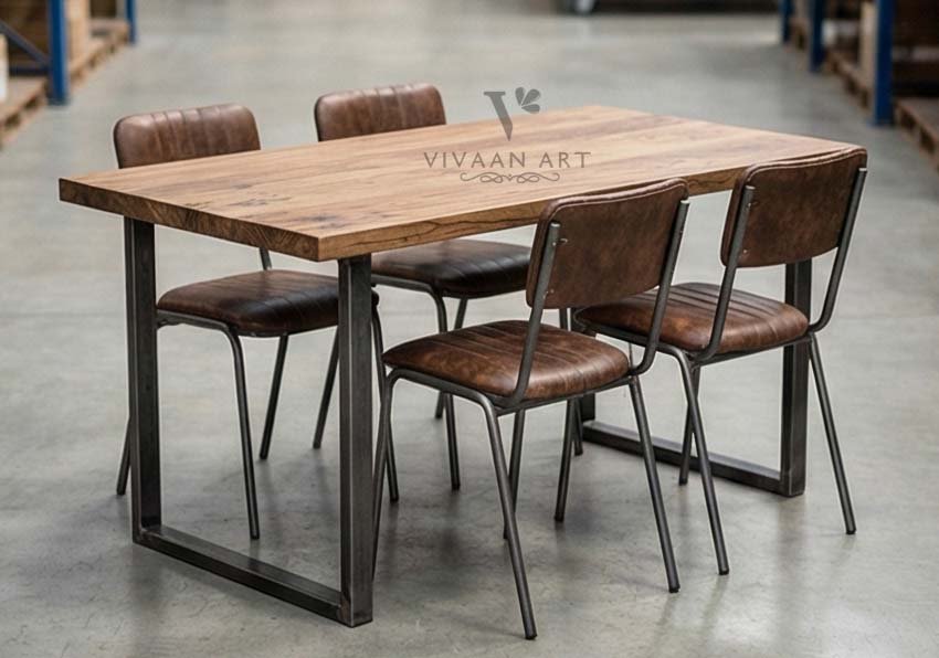 Solid Wood Dining Table with Metal Frame | Industrial Modern 6-Seater Dining Set