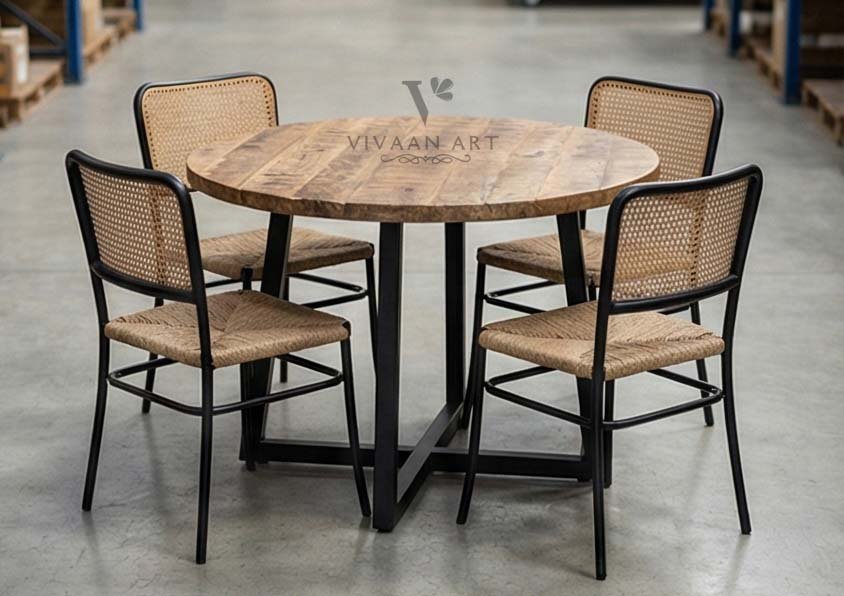 Round Solid Wood Dining Table with Cane Chairs | Modern Rustic 4-Seater Dining Set