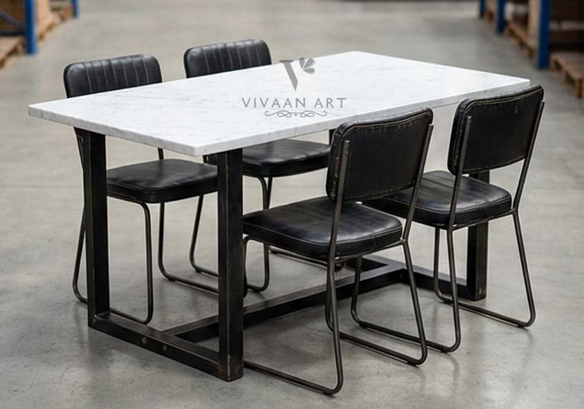 Marble Top Dining Table with Metal Frame | Modern Industrial 6-Seater Dining Set