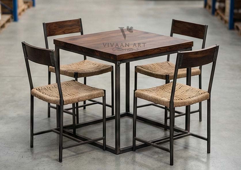 Square Solid Wood Dining Table with Woven Seat Chairs | Modern Rustic 4-Seater Dining Set