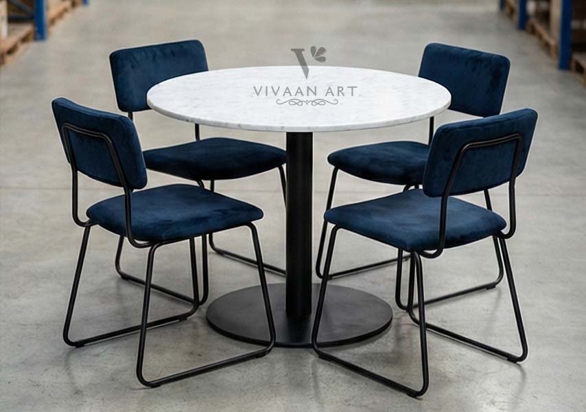 Round Marble Top Dining Table with Upholstered Chairs | Modern Contemporary 4-Seater Dining Set