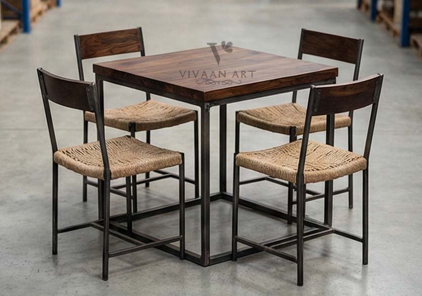 Square Solid Wood Dining Table with Woven Seat Chairs | Modern Rustic 4-Seater Dining Set