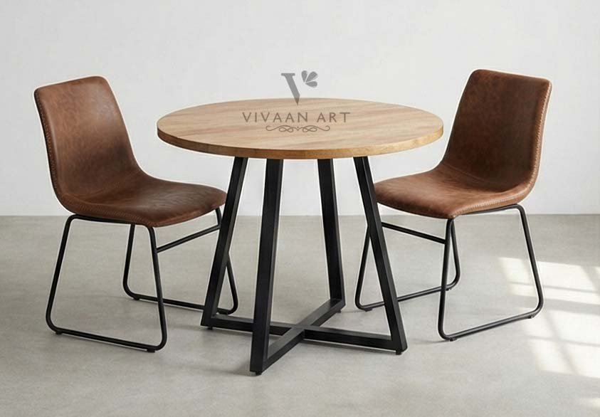 Round Solid Wood Dining Table with Metal Base | Modern Industrial 2–3 Seater