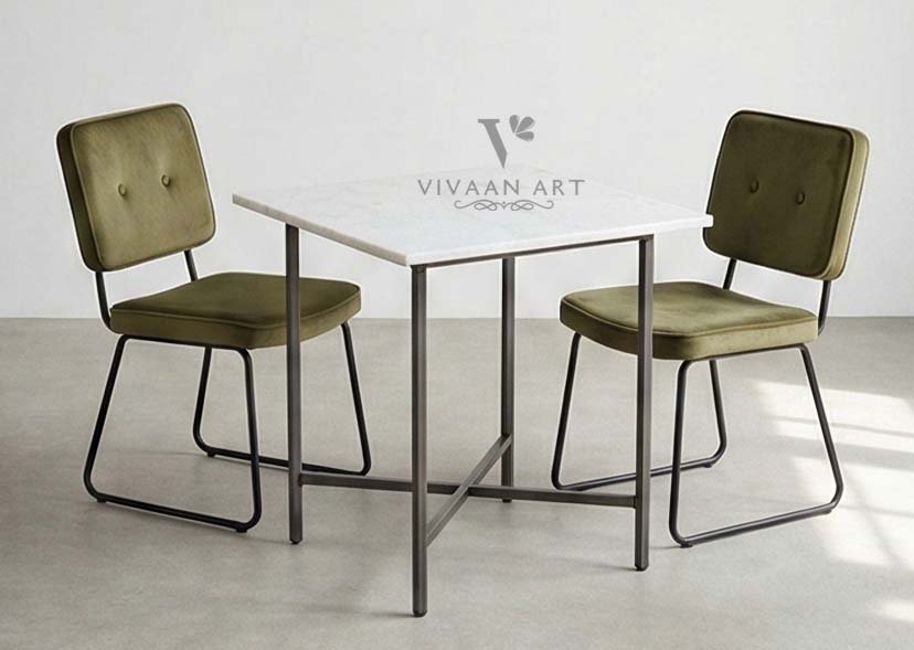 Contemporary Marble-Top Dining Table Set with Velvet Upholstered Chairs (2 Seater)