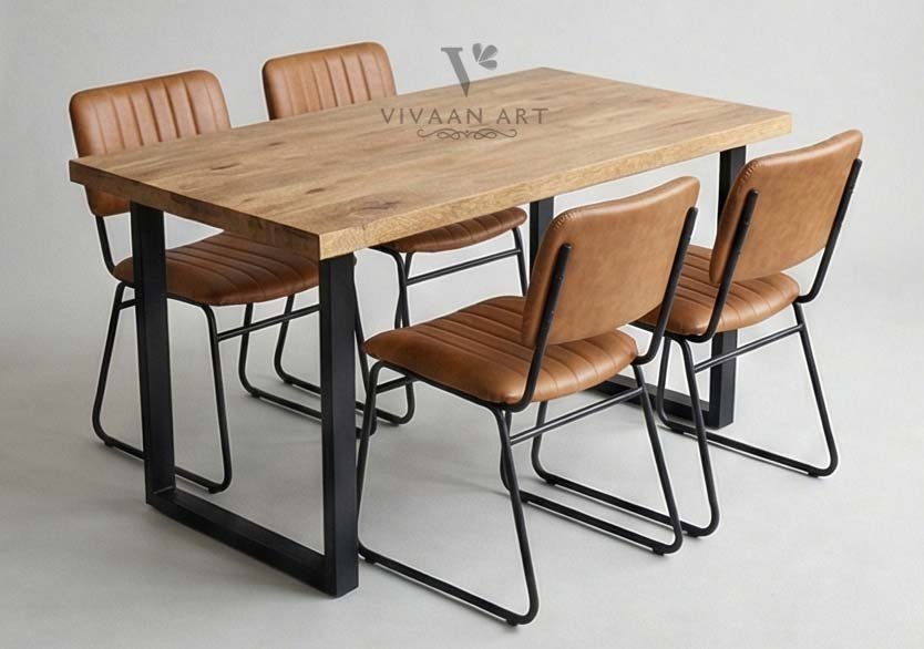 Industrial Solid Wood Dining Table Set with Leatherette Chairs (6 Seater)