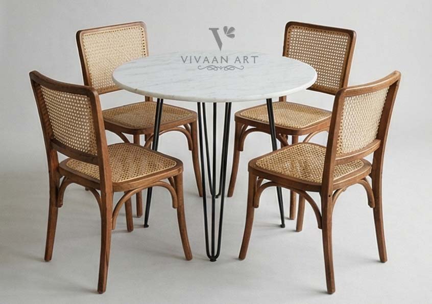 Round Marble-Top Dining Table Set with Cane Back Wooden Chairs (4 Seater)