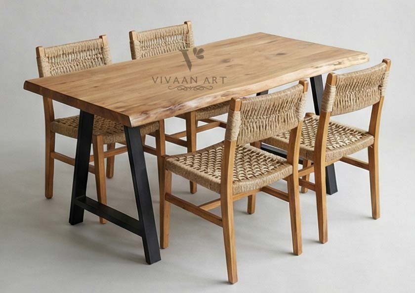 Solid Wood Dining Table Set with Handwoven Rope Chairs (6 Seater)
